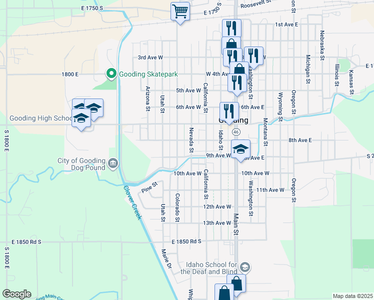 map of restaurants, bars, coffee shops, grocery stores, and more near 741 Nevada Street in Gooding