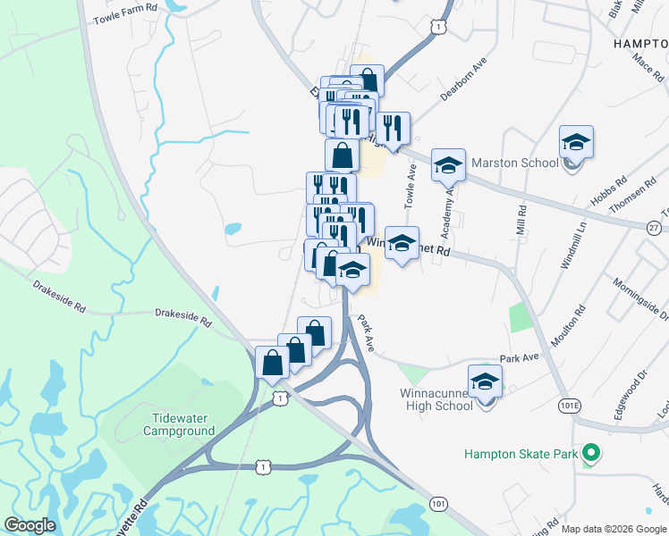 map of restaurants, bars, coffee shops, grocery stores, and more near in Hampton