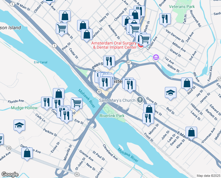 map of restaurants, bars, coffee shops, grocery stores, and more near 1850 Riverfront Center in Amsterdam