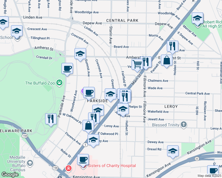 map of restaurants, bars, coffee shops, grocery stores, and more near 74 Greenfield Street in Buffalo