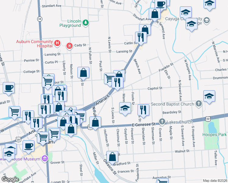 map of restaurants, bars, coffee shops, grocery stores, and more near 67 Franklin Street in Auburn