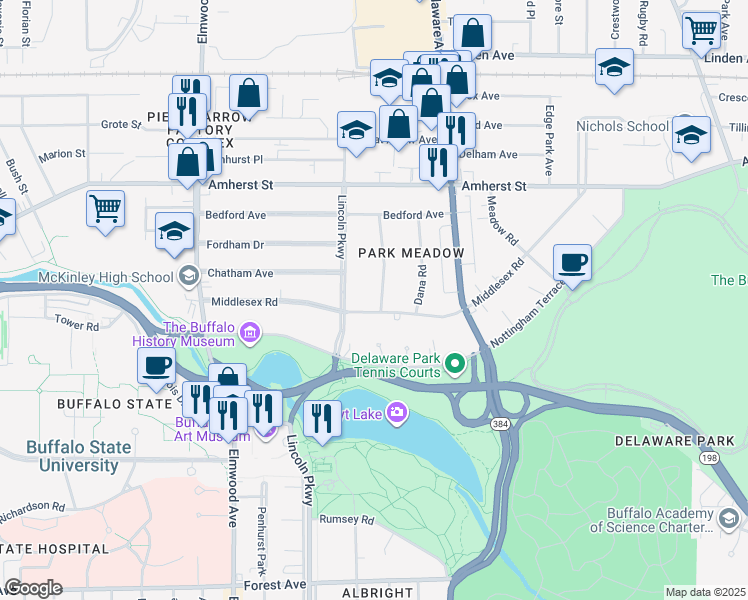 map of restaurants, bars, coffee shops, grocery stores, and more near 281 Lincoln Parkway in Buffalo