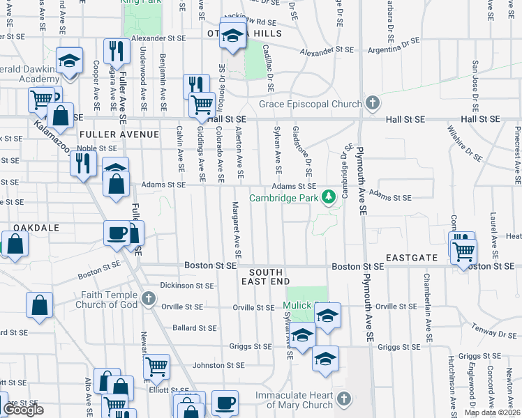 map of restaurants, bars, coffee shops, grocery stores, and more near 1412 Philadelphia Avenue Southeast in Grand Rapids