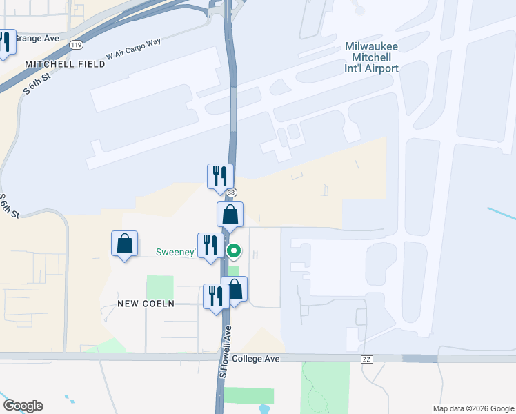 map of restaurants, bars, coffee shops, grocery stores, and more near 5890 South Howell Avenue in Milwaukee