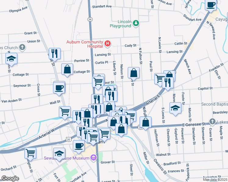 map of restaurants, bars, coffee shops, grocery stores, and more near 17 Nelson Street in Auburn
