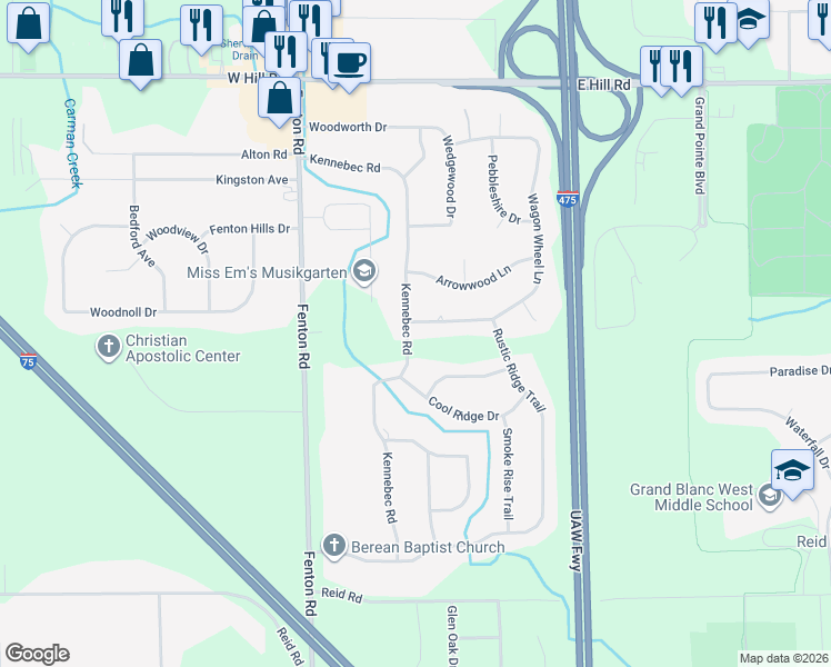 map of restaurants, bars, coffee shops, grocery stores, and more near 1273 Kennebec Road in Grand Blanc