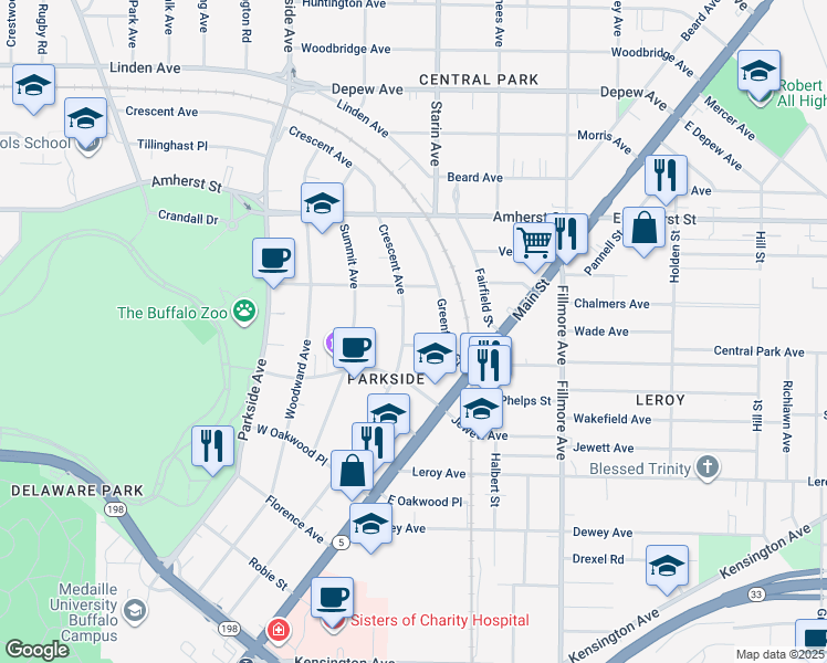 map of restaurants, bars, coffee shops, grocery stores, and more near 74 Greenfield Street in Buffalo