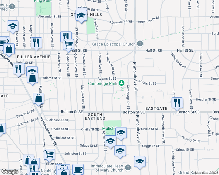 map of restaurants, bars, coffee shops, grocery stores, and more near 1615 Winick Street Southeast in Grand Rapids