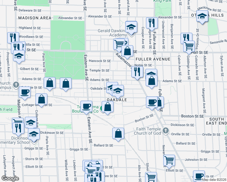 map of restaurants, bars, coffee shops, grocery stores, and more near 921 Oakdale Street Southeast in Grand Rapids
