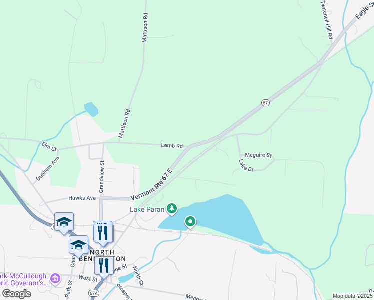 map of restaurants, bars, coffee shops, grocery stores, and more near Vermont 67 in Bennington County