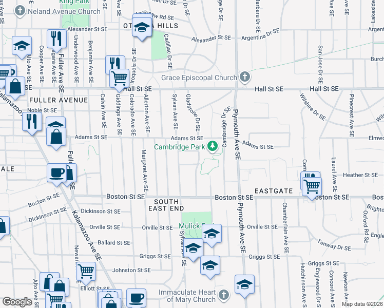 map of restaurants, bars, coffee shops, grocery stores, and more near 1615 Winick Street Southeast in Grand Rapids