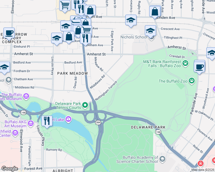 map of restaurants, bars, coffee shops, grocery stores, and more near 67 Nottingham Terrace in Buffalo