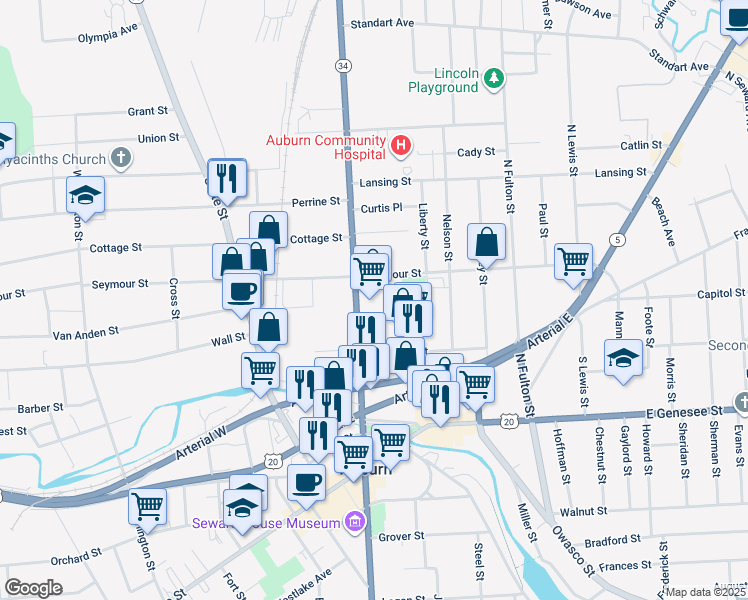 map of restaurants, bars, coffee shops, grocery stores, and more near 108 Seymour Street in Auburn