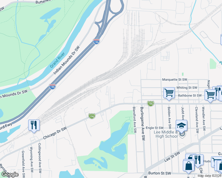map of restaurants, bars, coffee shops, grocery stores, and more near 1755 Chicago Drive Southwest in Wyoming
