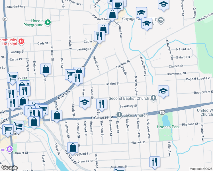 map of restaurants, bars, coffee shops, grocery stores, and more near 42 Capitol Street in Auburn