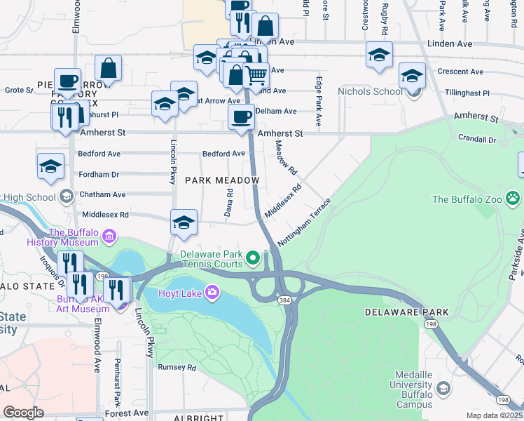 map of restaurants, bars, coffee shops, grocery stores, and more near 99 Middlesex Road in Buffalo