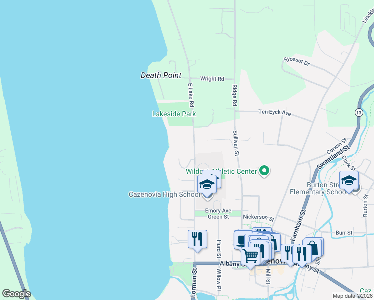 map of restaurants, bars, coffee shops, grocery stores, and more near 71 Forman Street in Cazenovia