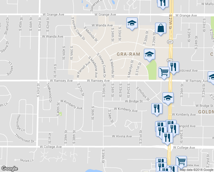 map of restaurants, bars, coffee shops, grocery stores, and more near 3421 West Ramsey Avenue in Greenfield