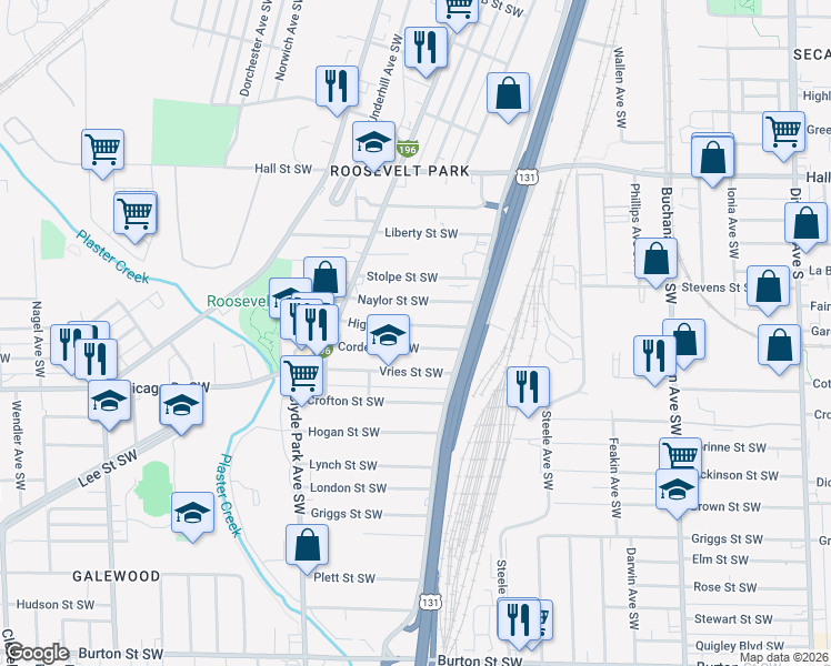 map of restaurants, bars, coffee shops, grocery stores, and more near 543 High Street Southwest in Grand Rapids