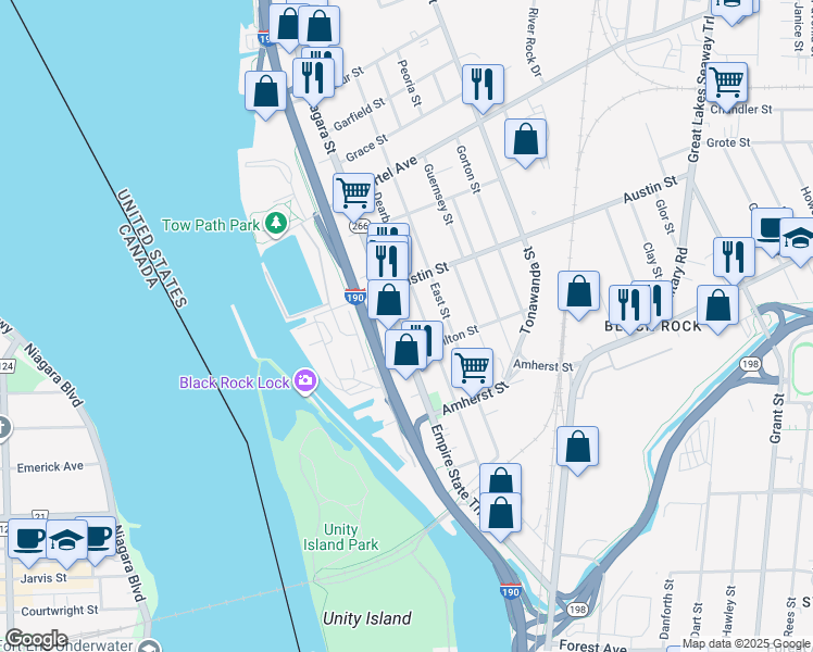 map of restaurants, bars, coffee shops, grocery stores, and more near 310 Dearborn Street in Buffalo