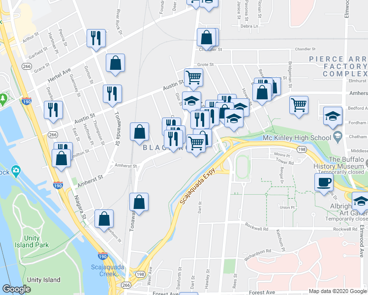 map of restaurants, bars, coffee shops, grocery stores, and more near 293 Amherst Street in Buffalo