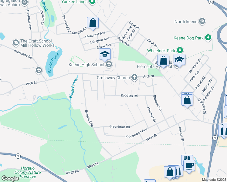 map of restaurants, bars, coffee shops, grocery stores, and more near 17 Worcester Street in Keene