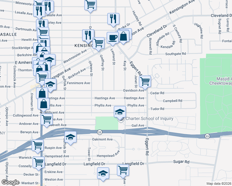 map of restaurants, bars, coffee shops, grocery stores, and more near 252 Davidson Avenue in Buffalo