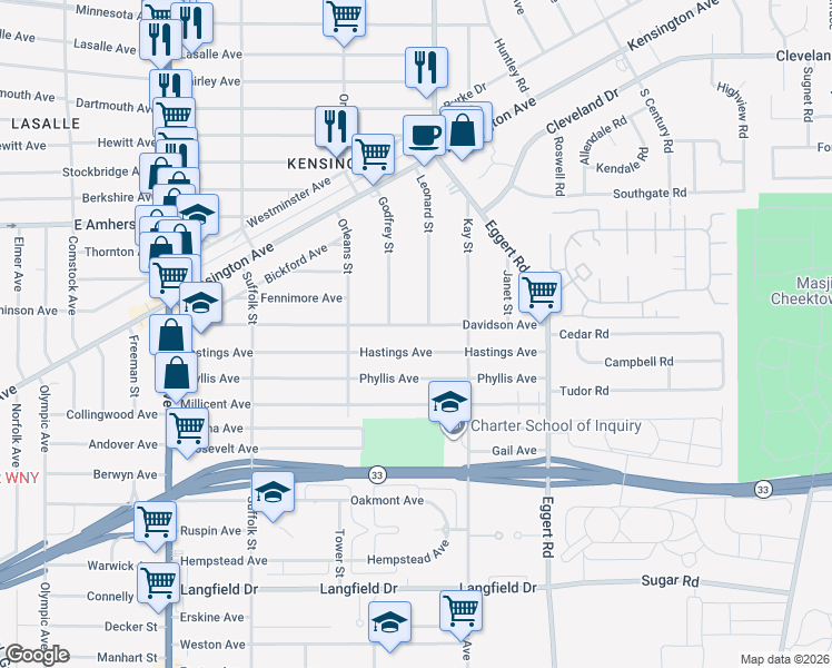 map of restaurants, bars, coffee shops, grocery stores, and more near 252 Davidson Avenue in Buffalo