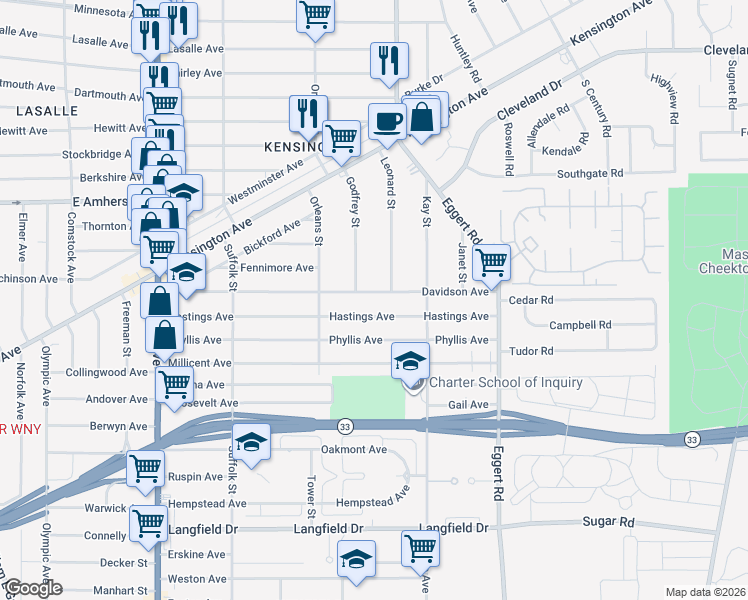 map of restaurants, bars, coffee shops, grocery stores, and more near 252 Davidson Avenue in Buffalo