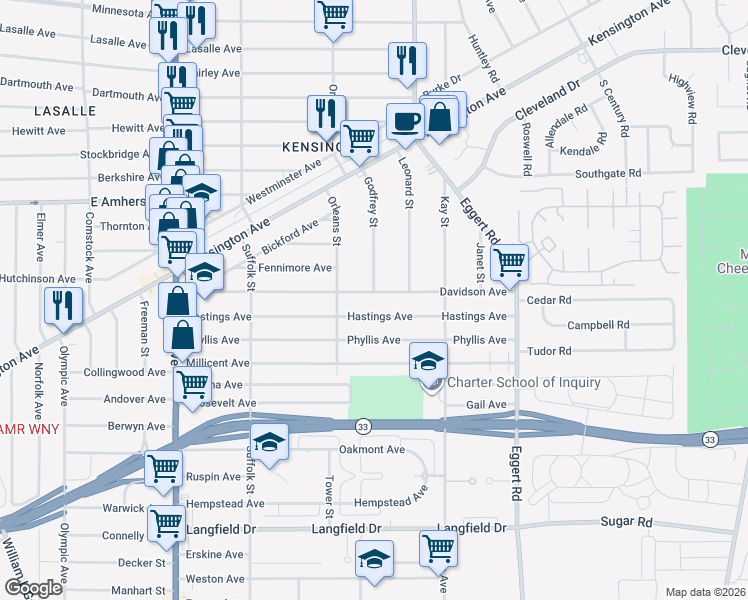 map of restaurants, bars, coffee shops, grocery stores, and more near 216 Davidson Avenue in Buffalo