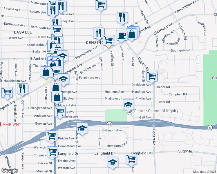 map of restaurants, bars, coffee shops, grocery stores, and more near 216 Davidson Avenue in Buffalo
