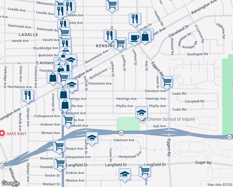 map of restaurants, bars, coffee shops, grocery stores, and more near 172 Davidson Avenue in Buffalo