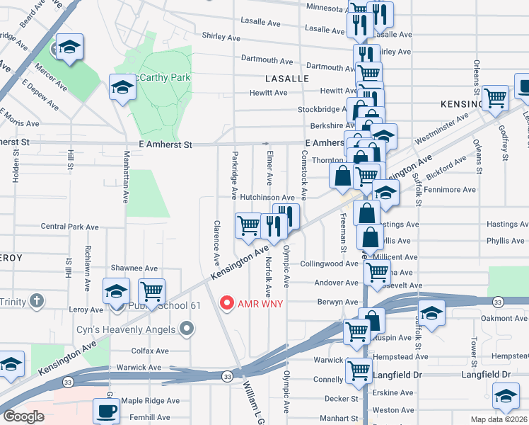 map of restaurants, bars, coffee shops, grocery stores, and more near 81 Poultney Avenue in Buffalo