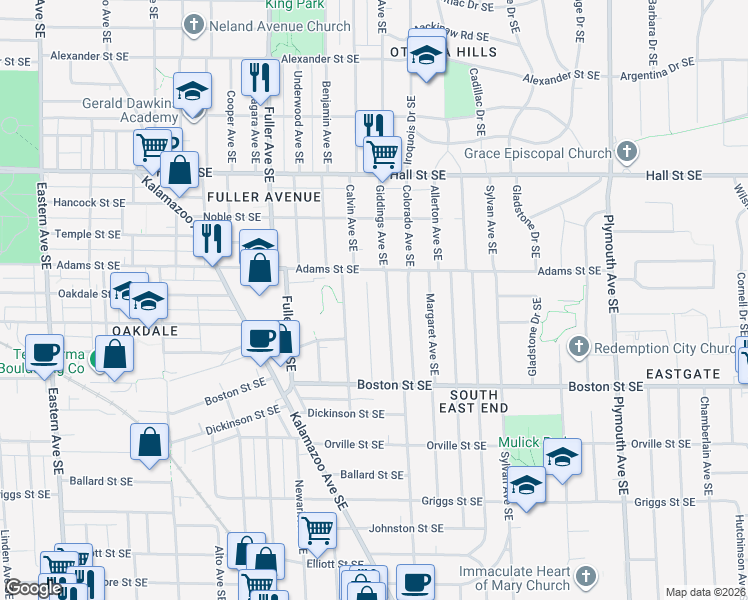 map of restaurants, bars, coffee shops, grocery stores, and more near 1410 Edward Avenue Southeast in Grand Rapids
