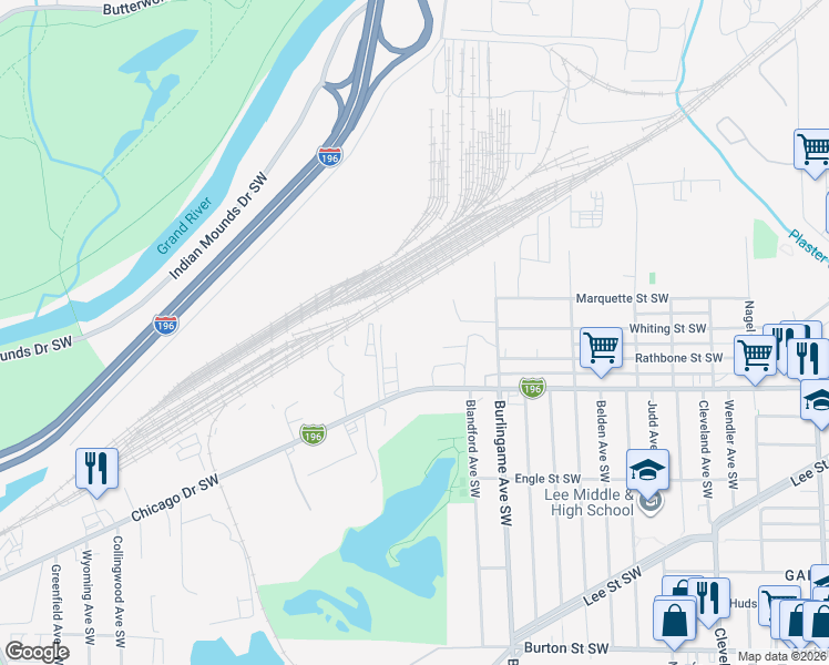 map of restaurants, bars, coffee shops, grocery stores, and more near 1755 Chicago Drive Southwest in Wyoming