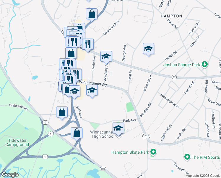 map of restaurants, bars, coffee shops, grocery stores, and more near 137 Winnacunnet Road in Hampton
