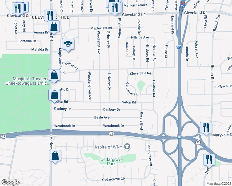 map of restaurants, bars, coffee shops, grocery stores, and more near 35 South Huxley Drive in Buffalo