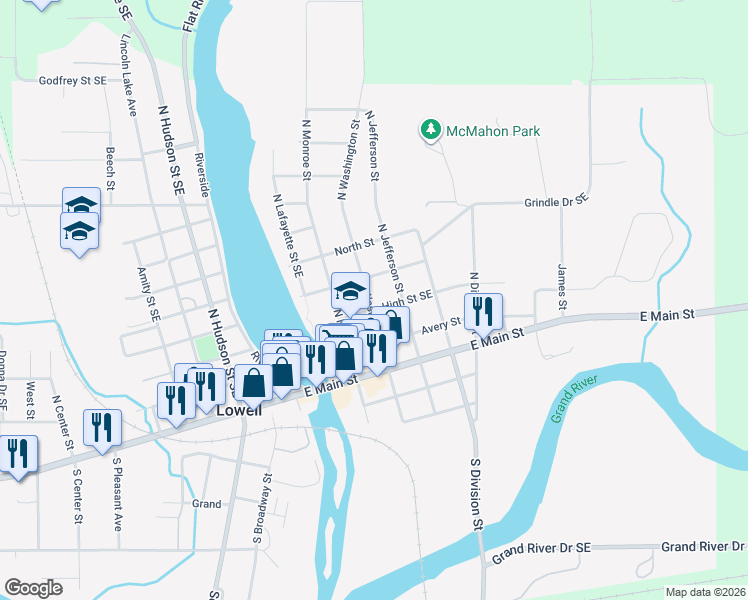map of restaurants, bars, coffee shops, grocery stores, and more near 329 North Washington Street in Lowell