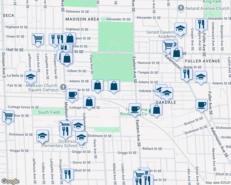 map of restaurants, bars, coffee shops, grocery stores, and more near 657 Oakdale Street Southeast in Grand Rapids