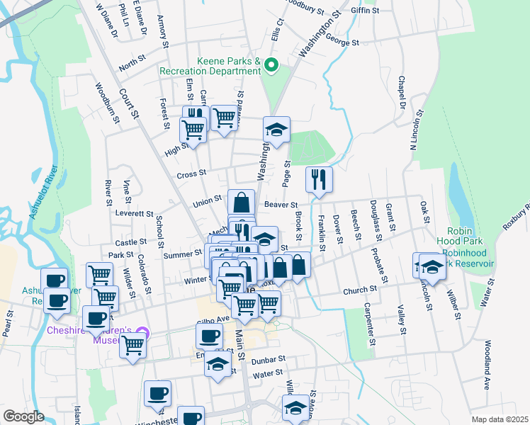 map of restaurants, bars, coffee shops, grocery stores, and more near 24 Beaver Street in Keene