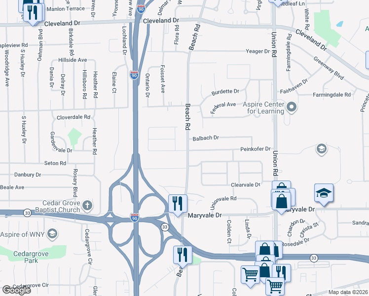 map of restaurants, bars, coffee shops, grocery stores, and more near 616 Beach Road in Buffalo