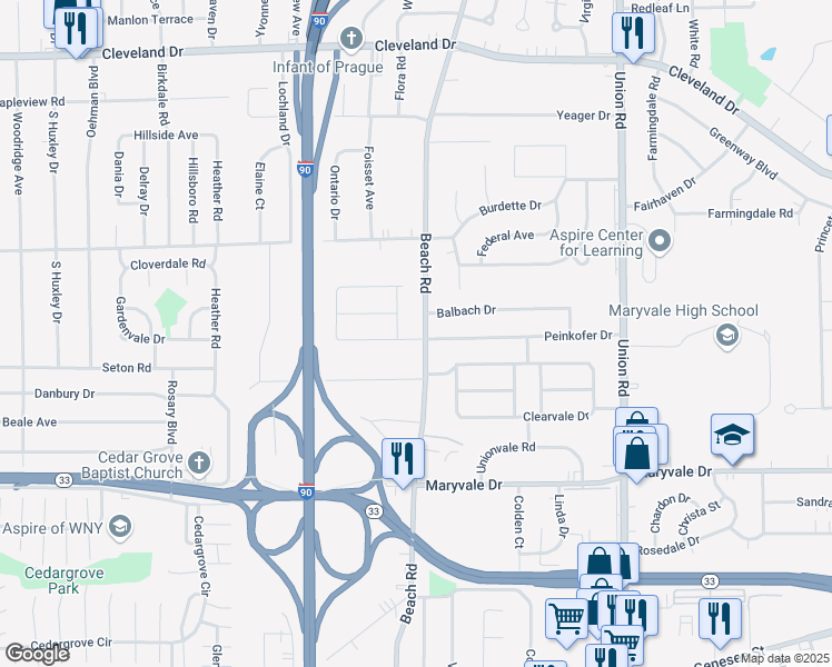map of restaurants, bars, coffee shops, grocery stores, and more near 616 Beach Road in Buffalo