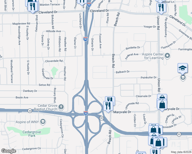 map of restaurants, bars, coffee shops, grocery stores, and more near 27 Saint Paul Court in Buffalo