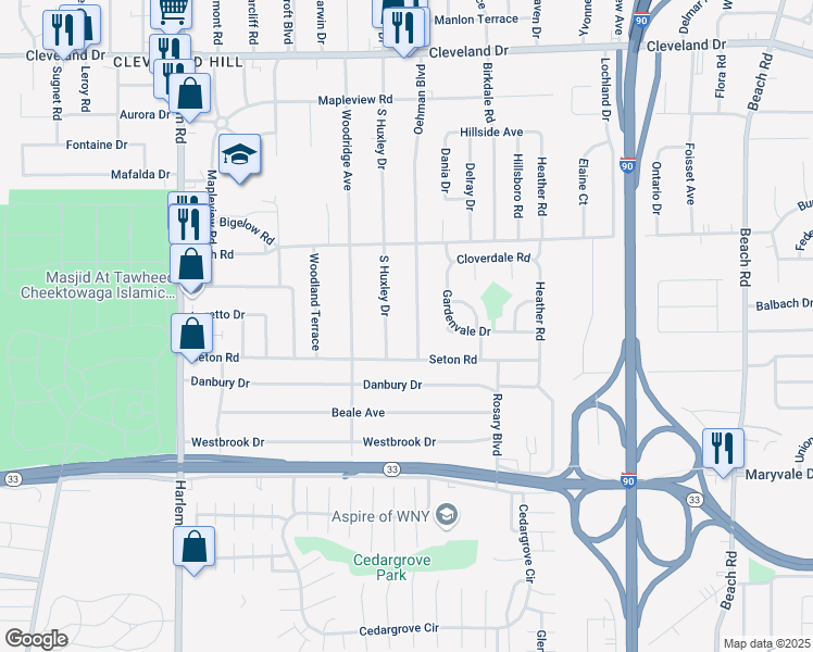 map of restaurants, bars, coffee shops, grocery stores, and more near 35 South Huxley Drive in Buffalo