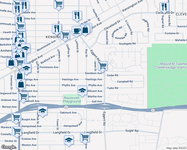 map of restaurants, bars, coffee shops, grocery stores, and more near 334 Davidson Avenue in Buffalo