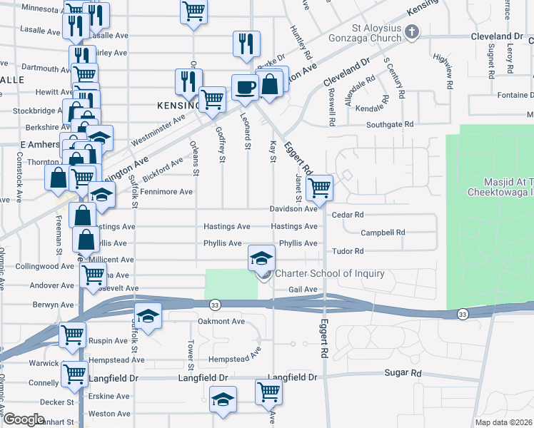 map of restaurants, bars, coffee shops, grocery stores, and more near 294 Davidson Avenue in Buffalo