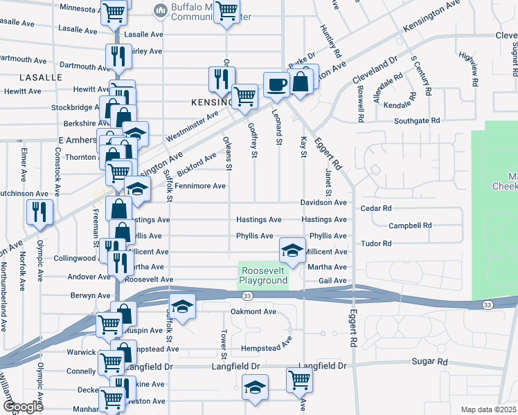 map of restaurants, bars, coffee shops, grocery stores, and more near 216 Davidson Avenue in Buffalo