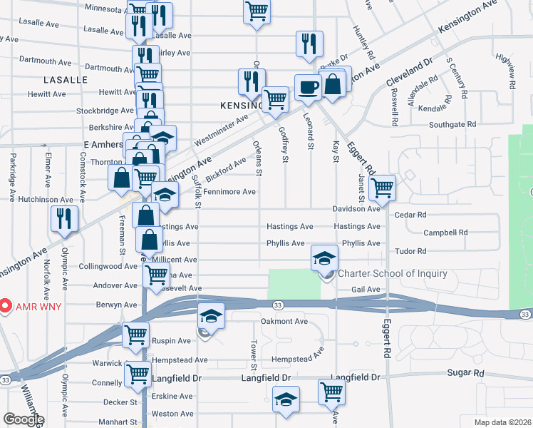 map of restaurants, bars, coffee shops, grocery stores, and more near 172 Davidson Avenue in Buffalo