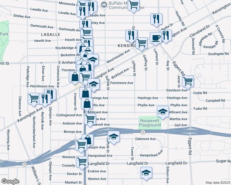 map of restaurants, bars, coffee shops, grocery stores, and more near 98 Davidson Avenue in Buffalo
