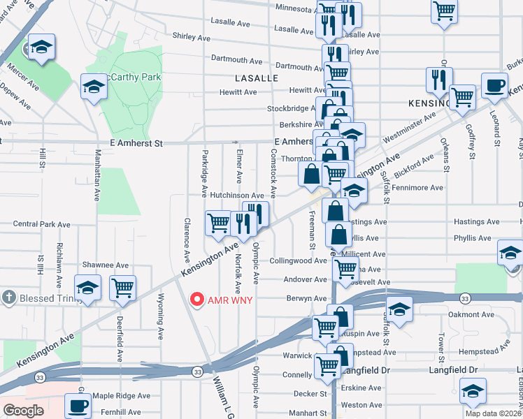 map of restaurants, bars, coffee shops, grocery stores, and more near 34 Comstock Avenue in Buffalo